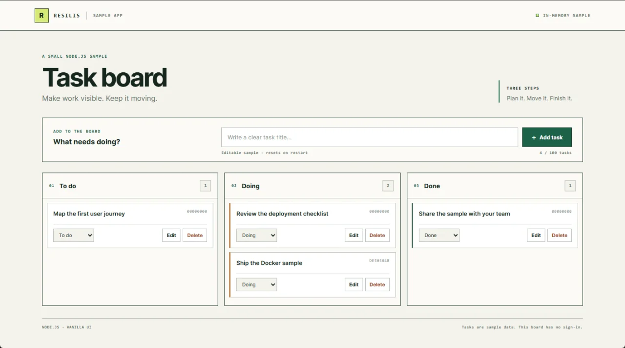 The Docker task board shows Ship the Docker sample in the Doing column.