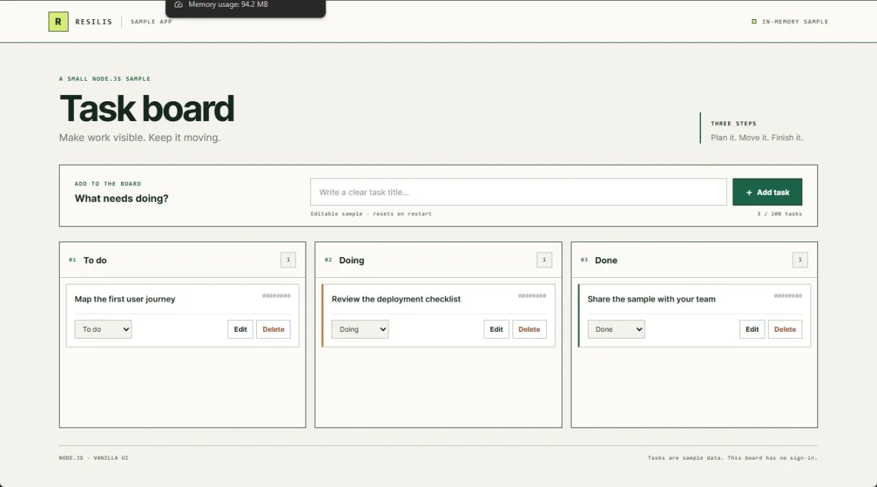 The restarted task board shows only its three starter tasks.