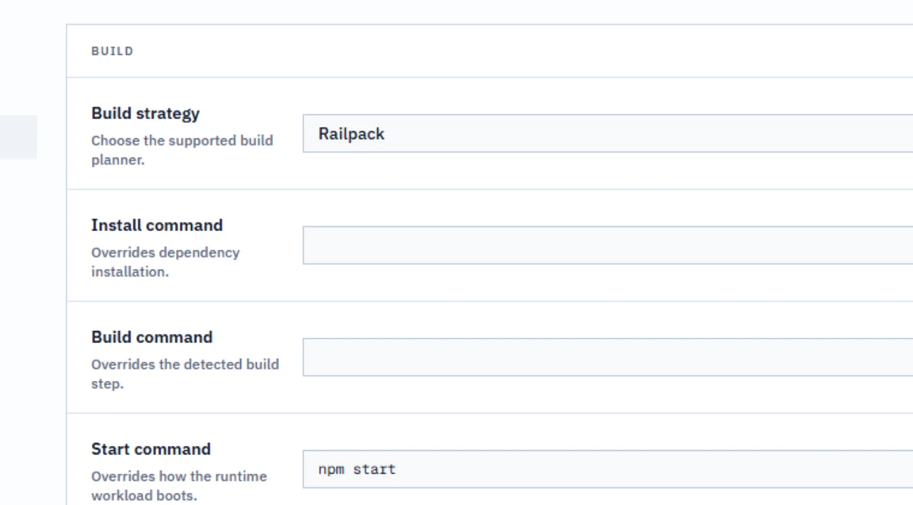 Saved Node.js app build settings showing Railpack, blank install and build commands, and npm start.