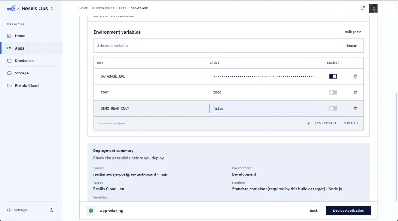 App environment form with DATABASE_URL masked, PORT set to 3000, and DEMO_READ_ONLY false.
