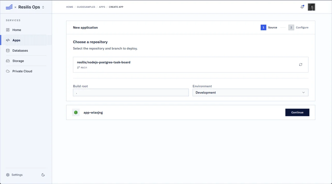The PostgreSQL app source form shows the public repository, main branch, repository root, and Development environment.