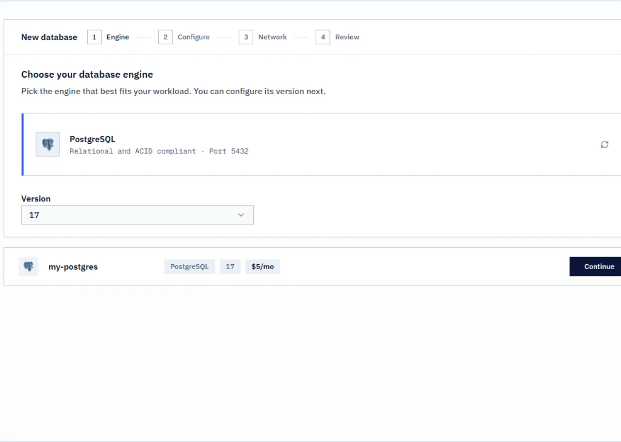 The database configuration screen shows PostgreSQL 17 selected.