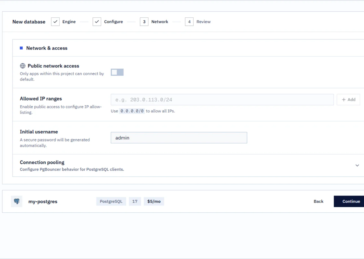 Database network configuration with public access disabled.